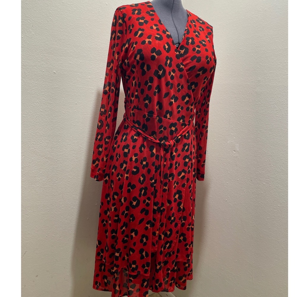 Cabi Siiren Wrap Dress or Duster Size Large Red Leopard Print Mesh Midi 5771